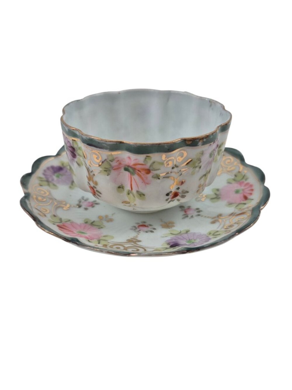 Tea Cup Saucer Set Porcelain Pink Purple Floral Design Green Trim Gold Accents - Picture 4 of 10